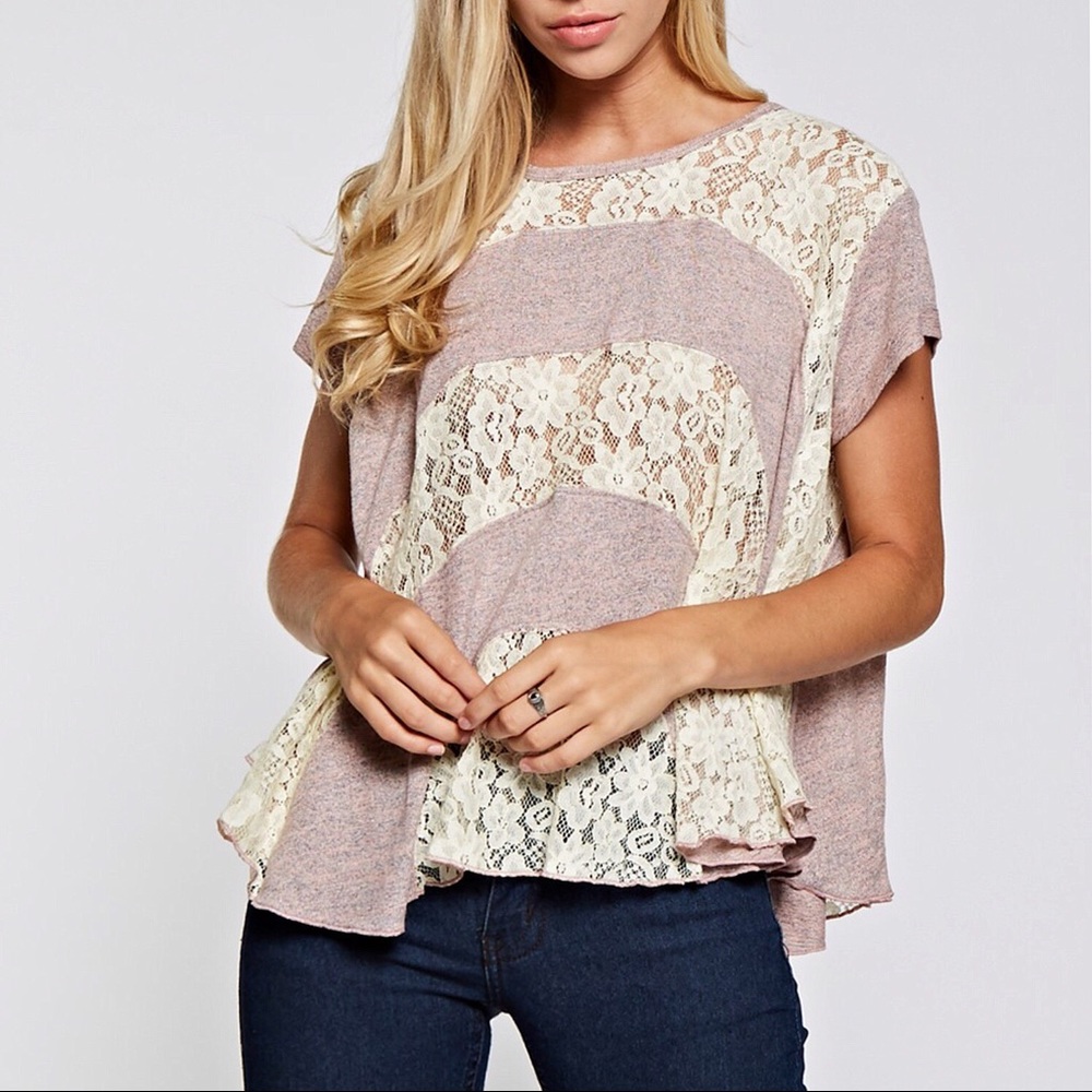 Loose Knit Top Ruffle Flowy Loose Lace Top, Blush - Picture 2 of 4